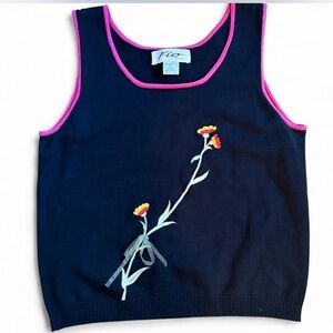 Vintage Floral Embroidered Tank Top with Pink Trim